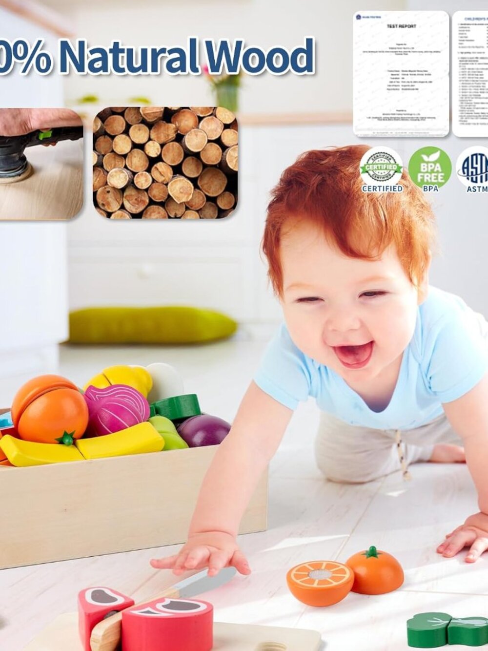 Wooden Cutting Fruits Veggies Toy, Montessori Toddler Pretend Play Set(1 Pack)